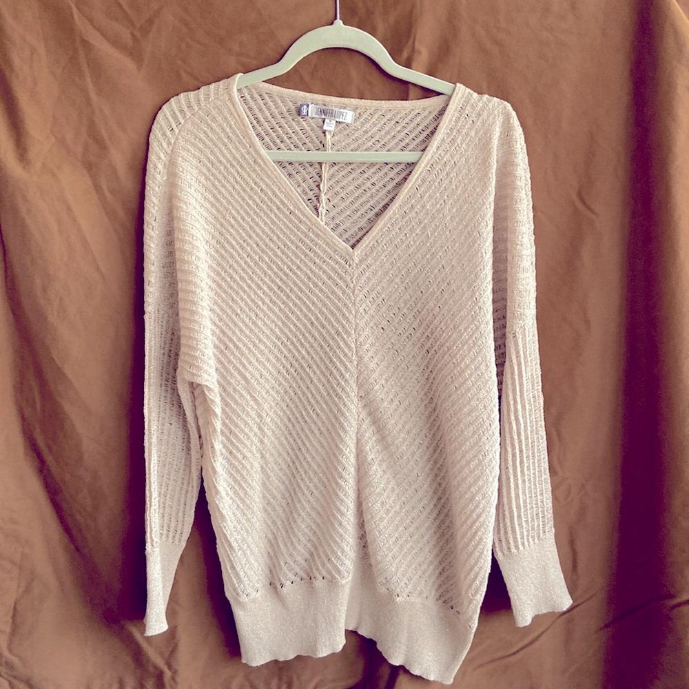 Jennifer Lopez Sweater, V-neck, pink beige, metallic highlights,  Medium, used